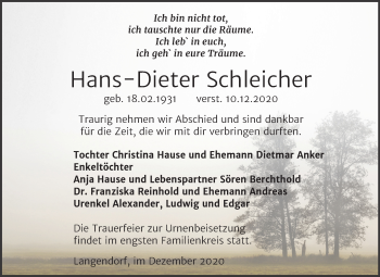 Traueranzeige von Hans-Dieter Schleicher von Wochenspiegel Weißenfels