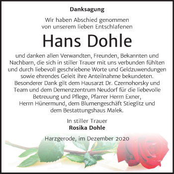 Traueranzeige von Hans Dohle von Super Sonntag Quedlinburg