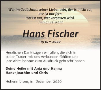 Traueranzeige von Hans Fischer von Wochenspiegel Weißenfels