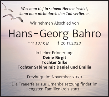 Traueranzeige von Hans-Georg Bahro von Wochenspiegel Naumburg/Nebra