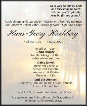 Traueranzeige von Hans-Georg Kirchberg von Super Sonntag Merseburg/Querfurt
