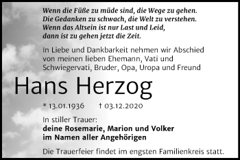 Traueranzeige von Hans Herzog von Super Sonntag Mansfelder Land