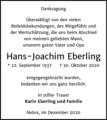 Traueranzeige von Hans-Joachim Eberling von Wochenspiegel Naumburg/Nebra