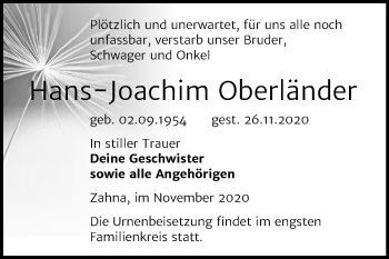 Traueranzeige von Hans-Joachim Oberländer von Super Sonntag Wittenberg