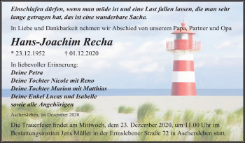 Traueranzeige von Hans-Joachim Recha von Super Sonntag Aschersleben