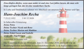 Traueranzeige von Hans-Joachim Recha von Mitteldeutsche Zeitung Aschersleben