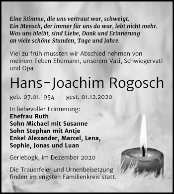 Traueranzeige von Hans-Joachim Rogosch von Mitteldeutsche Zeitung Bernburg