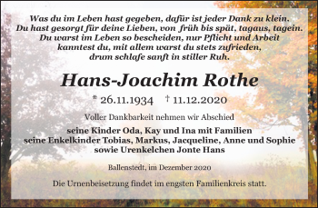 Traueranzeige von Hans-Joachim Rothe von Mitteldeutsche Zeitung Aschersleben