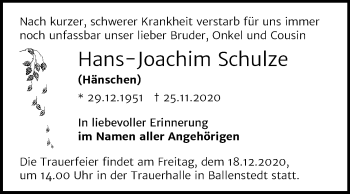 Traueranzeige von Hans-Joachim Schulze von Mitteldeutsche Zeitung Quedlinburg