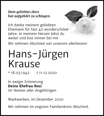 Traueranzeige von Hans-Jürgen Krause von Mitteldeutsche Zeitung Weißenfels