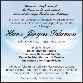 Traueranzeige von Hans-Jürgen Salamon von Wochenspiegel Bitterfeld
