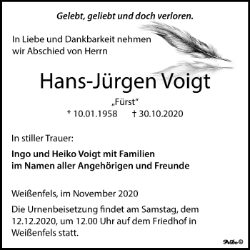 Traueranzeige von Hans-Jürgen Voigt von Wochenspiegel Weißenfels