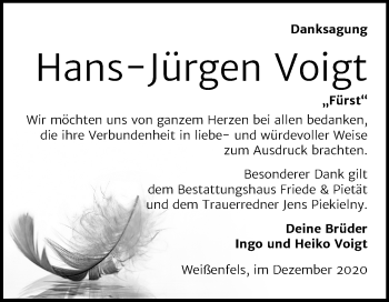 Traueranzeige von Hans-Jürgen Voigt von Mitteldeutsche Zeitung Weißenfels
