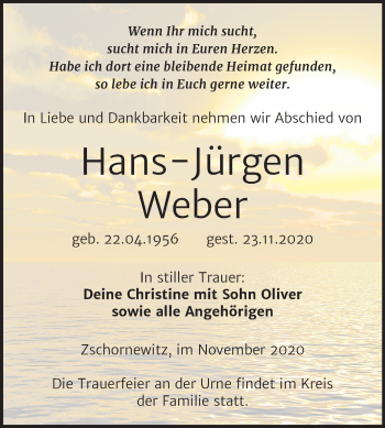 Traueranzeige von Hans-Jürgen Weber von Mitteldeutsche Zeitung Wittenberg