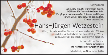 Traueranzeige von Hans-Jürgen Wetzestein von Mitteldeutsche Zeitung Halle/Saalkreis / Merseburg/Querfurt