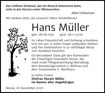 Traueranzeige von Hans Müller von Mitteldeutsche Zeitung Merseburg/Querfurt