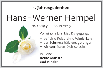 Traueranzeige von Hans-Werner Hempel von Mitteldeutsche Zeitung Mansfelder Land