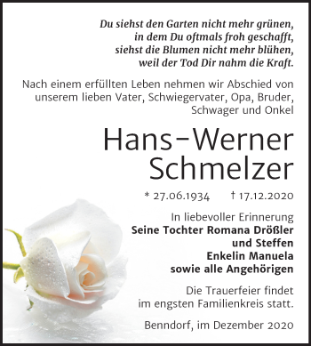 Traueranzeige von Hans-Werner Schmelzer von Mitteldeutsche Zeitung Mansfelder Land