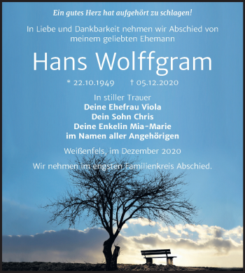 Traueranzeige von Hans Wolffgram von Mitteldeutsche Zeitung Weißenfels