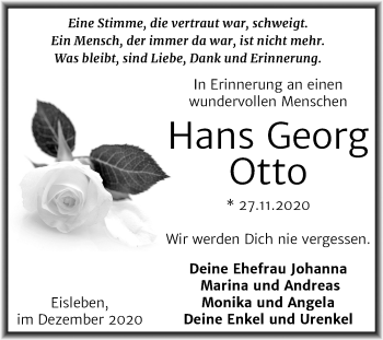 Traueranzeige von Hans Georg Otto von Super Sonntag Mansfelder Land
