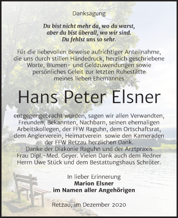 Traueranzeige von Hans Peter Elsner von Wochenspiegel Bitterfeld / Wittenberg