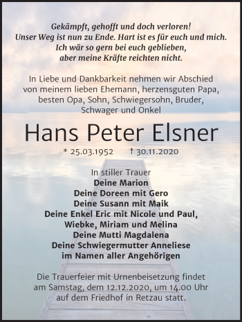 Traueranzeige von Hans Peter Elsner von Wochenspiegel Bitterfeld / Wittenberg