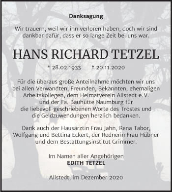 Traueranzeige von Hans Richard Tetzel von Super Sonntag Sangerhausen