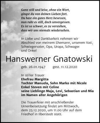 Traueranzeige von Hanswerner Gnatowski von Super Sonntag Bernburg