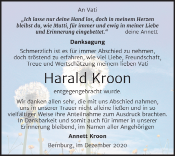 Traueranzeige von Harald Kroon von Super Sonntag Bernburg