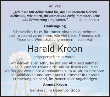 Traueranzeige von Harald Kroon von Mitteldeutsche Zeitung Bernburg