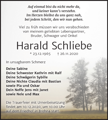 Traueranzeige von Harald Schliebe von Wochenspiegel Bitterfeld