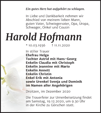 Traueranzeige von Harold Hofmann von Wochenspiegel Naumburg/Nebra
