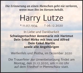 Traueranzeige von Harry Lutze von Wochenspiegel Weißenfels