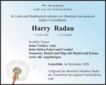 Traueranzeige von Harry Radau von Mitteldeutsche Zeitung Quedlinburg