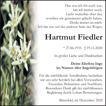 Traueranzeige von Hartmut Fiedler von Mitteldeutsche Zeitung Bitterfeld