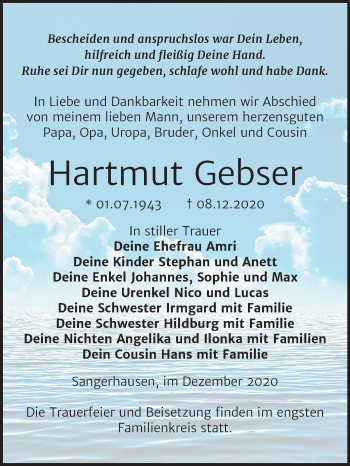 Traueranzeige von Hartmut Gebser von Mitteldeutsche Zeitung Sangerhausen