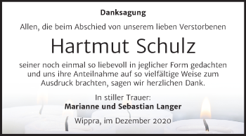 Traueranzeige von Hartmut Schulz von Mitteldeutsche Zeitung Sangerhausen