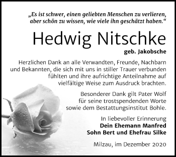 Traueranzeige von Hedwig Nitschke von Mitteldeutsche Zeitung Merseburg/Querfurt