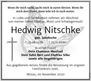 Traueranzeige von Hedwig Nitschke von Mitteldeutsche Zeitung Merseburg/Querfurt