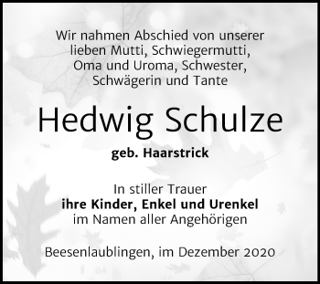 Traueranzeige von Hedwig Schulze von Mitteldeutsche Zeitung Bernburg