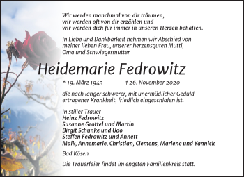 Traueranzeige von Heidemarie Fedrowitz von Mitteldeutsche Zeitung Naumburg/Nebra