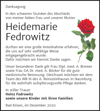 Traueranzeige von Heidemarie Fedrowitz von Mitteldeutsche Zeitung Naumburg/Nebra