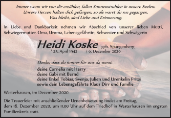Traueranzeige von Heidi Koske von Mitteldeutsche Zeitung Quedlinburg