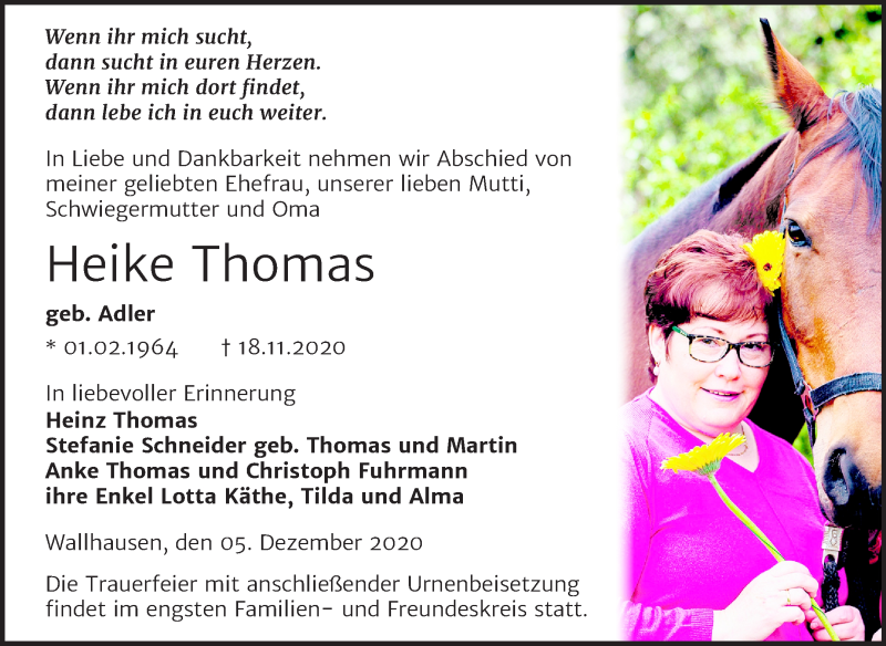  Traueranzeige für Heike Thomas vom 05.12.2020 aus Mitteldeutsche Zeitung Sangerhausen