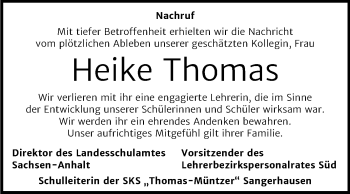 Traueranzeige von Heike Thomas von Mitteldeutsche Zeitung Sangerhausen