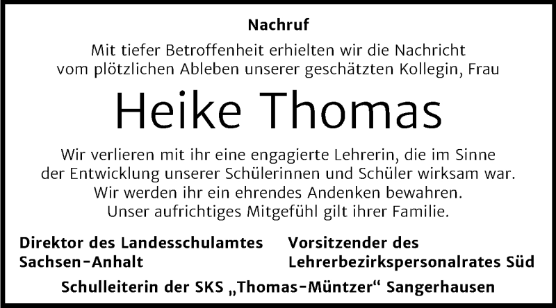  Traueranzeige für Heike Thomas vom 12.12.2020 aus Mitteldeutsche Zeitung Sangerhausen