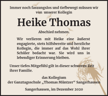 Traueranzeige von Heike Thomas von Mitteldeutsche Zeitung Sangerhausen