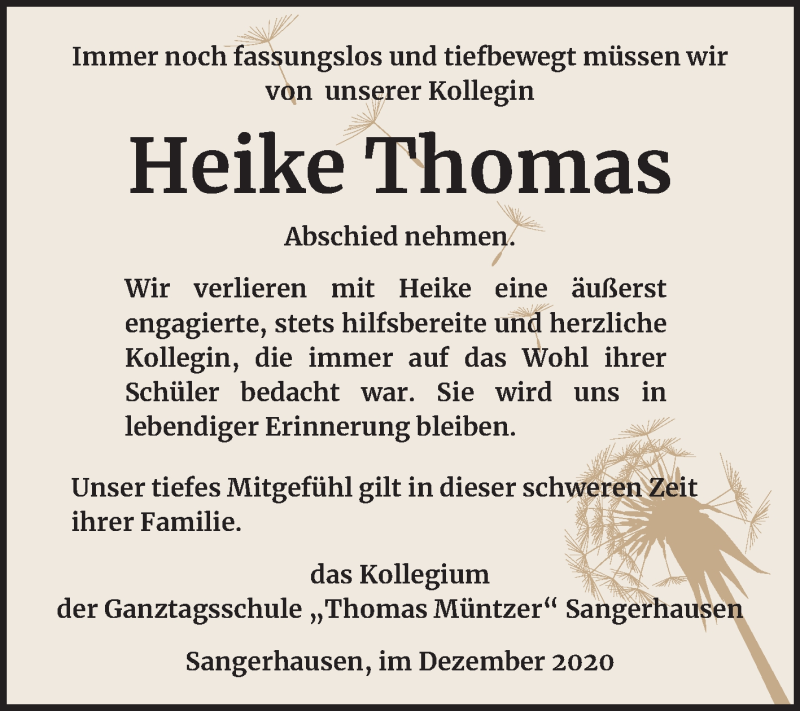  Traueranzeige für Heike Thomas vom 12.12.2020 aus Mitteldeutsche Zeitung Sangerhausen