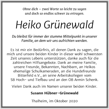 Traueranzeige von Heiko Grünewald von Mitteldeutsche Zeitung Bitterfeld