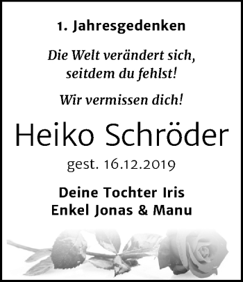 Traueranzeige von Heiko Schröder von Mitteldeutsche Zeitung Köthen